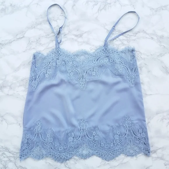 Storia Blue Gray Lace Trim Camisole Top With Adjustable Spaghetti Straps - Picture 2 of 4